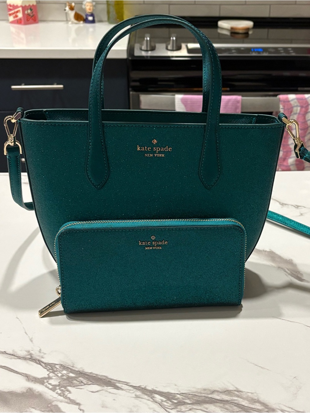 Kate Spade Glitter Green Purse + Matching Wallet Set